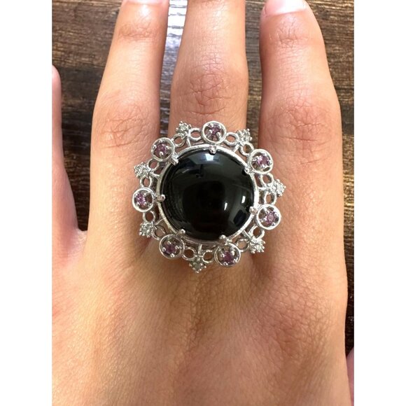 Designer Sterling Silver, Pink Topaz & Onyx Round Statement Size 6 Ring! 154 - Picture 6 of 6
